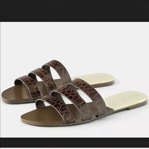 Zara Brown Leather Embossed Sandal Slides size 7.5